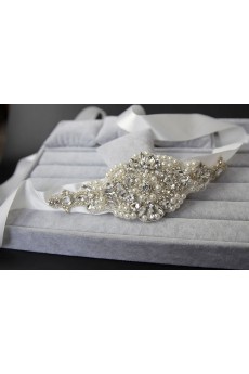 Luxurious Handmade Satin Rhinestone Wedding Sash with Imitation Pearls