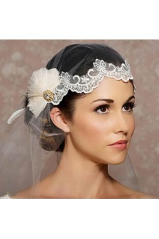 Lace Rhinestone Wedding Headpieces with White Feather