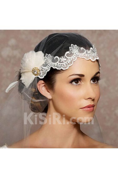 Lace Rhinestone Wedding Headpieces with White Feather