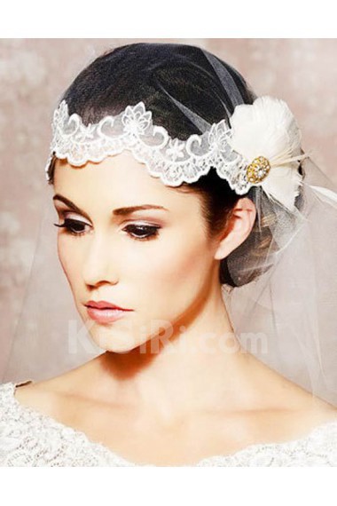 Lace Rhinestone Wedding Headpieces with White Feather