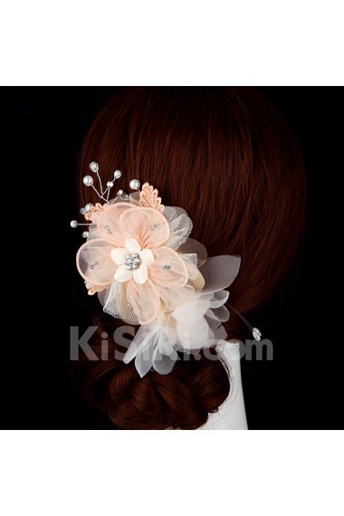 Nude Lace Rhinestone Wedding Headpieces with Imitation Pearls