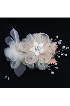 Nude Lace Rhinestone Wedding Headpieces with Imitation Pearls