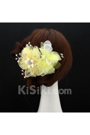 Yellow Lace Rhinestone Wedding Headpieces with Imitation Pearls