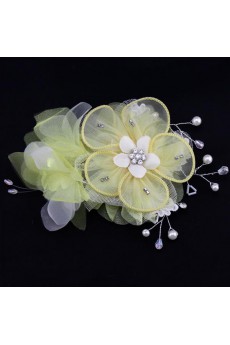 Yellow Lace Rhinestone Wedding Headpieces with Imitation Pearls