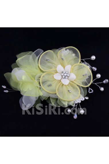 Yellow Lace Rhinestone Wedding Headpieces with Imitation Pearls