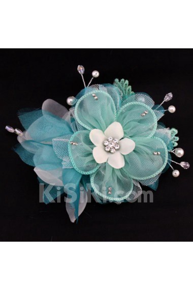 Blue Lace Rhinestone Wedding Headpieces with Imitation Pearls