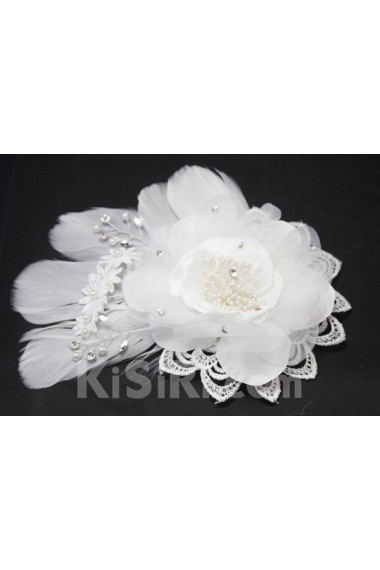 Lace Chiifon and Feather Wedding Headpieces with Imitation Pearls