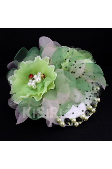 Green Chiifon and Rhinestone Floral Wedding Headpieces with Imitation Pearls