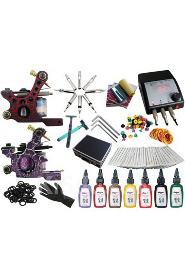 Professional 10 Coil Wraps Tattoo Guns Kit Completed Set with 2 Tattoo Guns