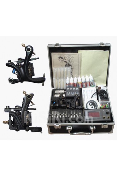 2 Professional Tattoo Guns Kit with LCD Power Supply and Locking Aluminum Carrying Case