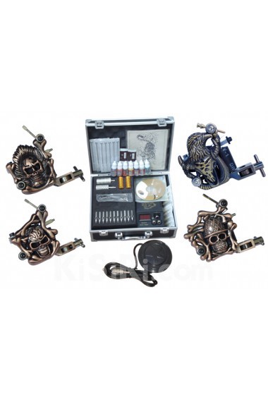 Professional Tattoo Machines Kit Completed Set with 4 Stainless Steel Tattoo Guns and LCD Power Supply 