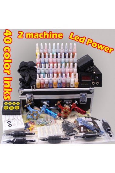 2 Tattoo Machines Kit with LCD Power Supply (40 Colors)