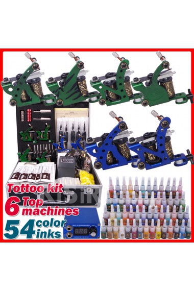 6 Tattoo Machines Kit with LCD Power Supply (54 Colors)