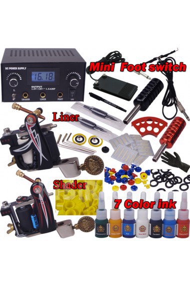 Professional Tattoo Machine Kit Completed Set With 2 Tattoo Guns and 7 Colors