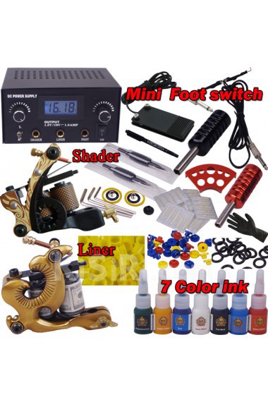 2 Professional Tattoo Machines Kit with LCD Power Supply and 7 Colors