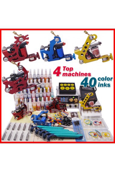 4 Tattoo Machines Kit with Power Supply and 40 Colors