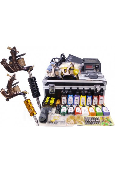 2 Pattern Steel Professional Tattoo Machines Kit with LCD Power Supply