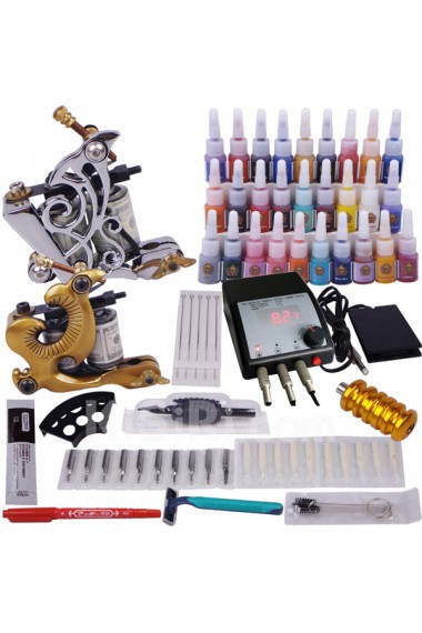 Professional Tattoo Machines Kit Completed Set with 2 Tattoo Guns and LCD Power Supply