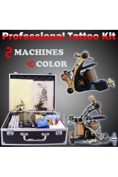 Tattoo Machines Kit Completed Set with 2 Tattoo Guns and Locking Aluminum Carrying Case (40 Colors)