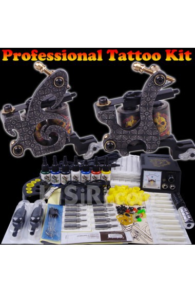 Professional Tattoo Machines Kit Completed Set with 2 Tattoo Machine Guns and 7 Colors