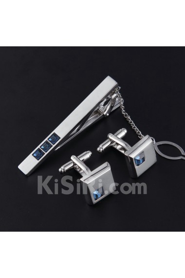 Men's Crystal Silver Tie Bar and Cufflink Set