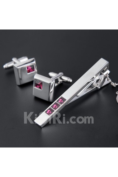 Men's Crystal Silver Tie Bar and Cufflink Set