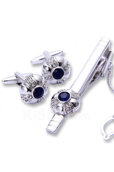 Men's Silver Crystal Tie Bar and Cufflink Set