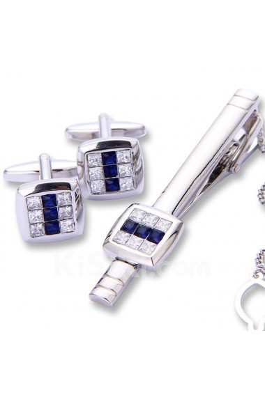 Men's Silver Crystal Tie Bar and Cufflink Set