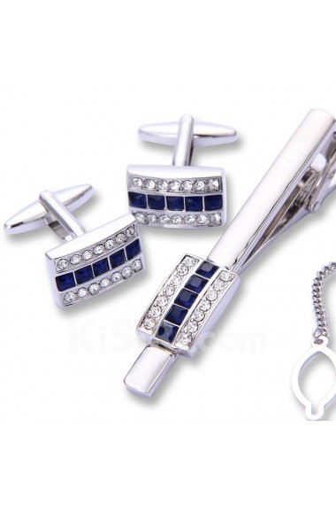 Men's Silver Crystal Tie Bar and Cufflink Set