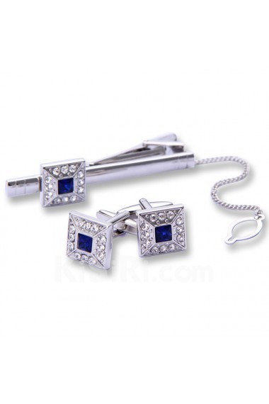 Men's Silver Crystal Tie Bar and Cufflink Set