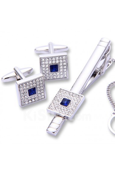 Men's Silver Crystal Tie Bar and Cufflink Set