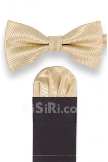 Men's Beige Microfiber Bow Ties and Pocket Square