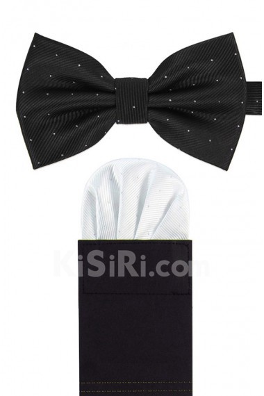 Men's Black And White Microfiber Bow Ties and Pocket Square