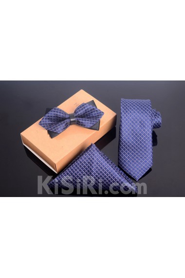 Blue Checkered Microfiber 
Necktie and Bow Tie and Pocket Square