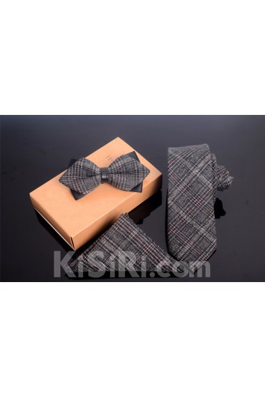 Gray Plaid Microfiber 
Necktie and Bow Tie and Pocket Square