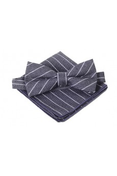 Gray Striped Cotton, Linen 
Bow Tie and Pocket Square