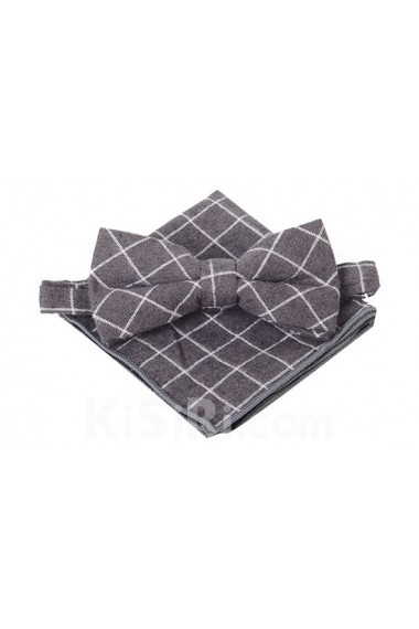 Gray Checkered Cotton, Linen 
Bow Tie and Pocket Square