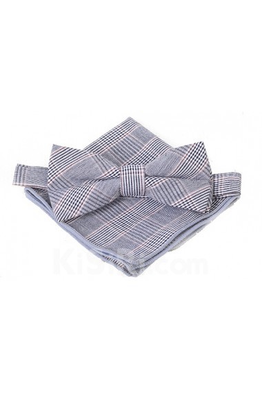 Gray Plaid Cotton, Linen 
Bow Tie and Pocket Square