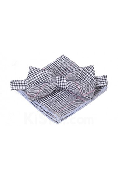 Gray Plaid Cotton, Linen 
Bow Tie and Pocket Square