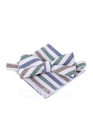 Blue Striped Cotton, Linen 
Bow Tie and Pocket Square