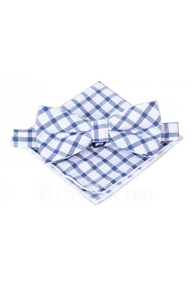 White Checkered Cotton, Linen 
Bow Tie and Pocket Square