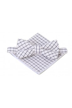 White Checkered Cotton, Linen 
Bow Tie and Pocket Square