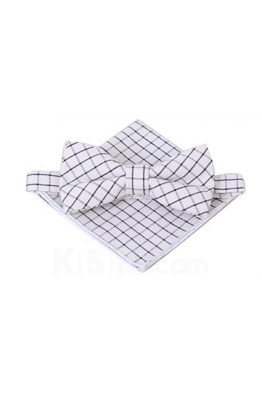 White Checkered Cotton, Linen 
Bow Tie and Pocket Square