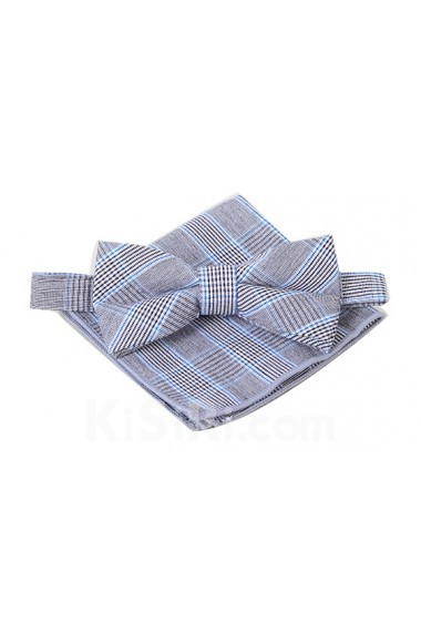 Gray Plaid Cotton, Linen 
Bow Tie and Pocket Square