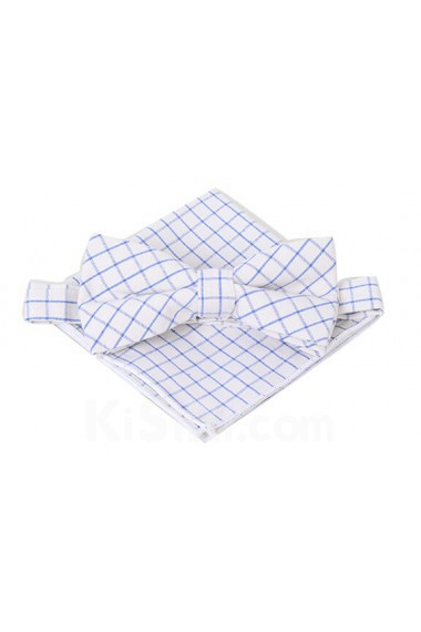 White Checkered Cotton, Linen 
Bow Tie and Pocket Square