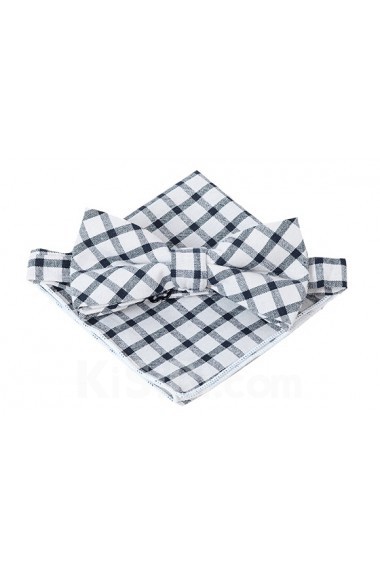 Gray Checkered Cotton, Linen 
Bow Tie and Pocket Square