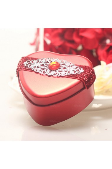 Red Color Personalized Heart-shaped Rhinestone Wedding Favor Boxes (12 Pieces/Set)