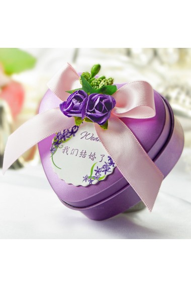 Purple Color Heart-shaped Ribbons Flower Wedding Favor Boxes (12 Pieces/Set)