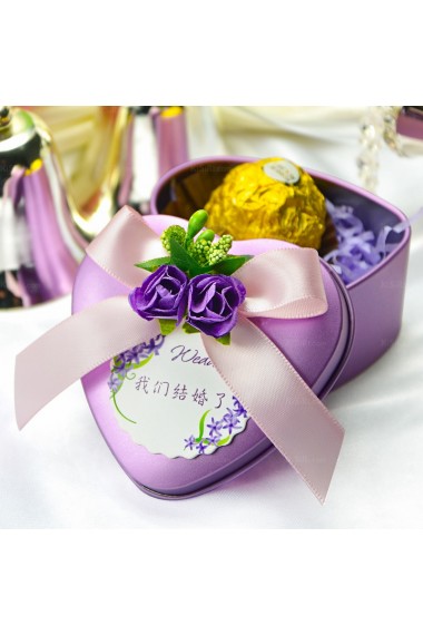 Purple Color Heart-shaped Ribbons Flower Wedding Favor Boxes (12 Pieces/Set)