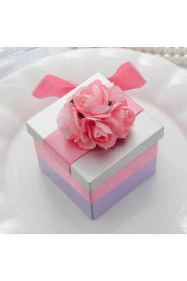 Purple Color Ribbons Hand-made Flower Wedding Favor Boxes (12 Pieces/Set)